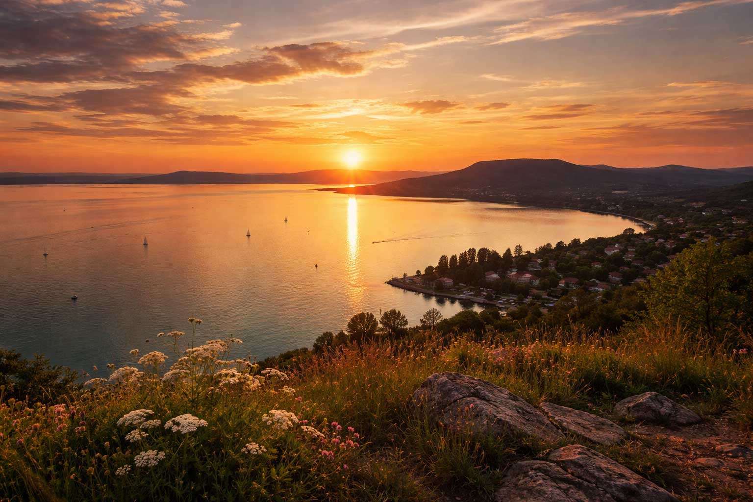 Panoramaansicht des Balatons bei Sonnenuntergang