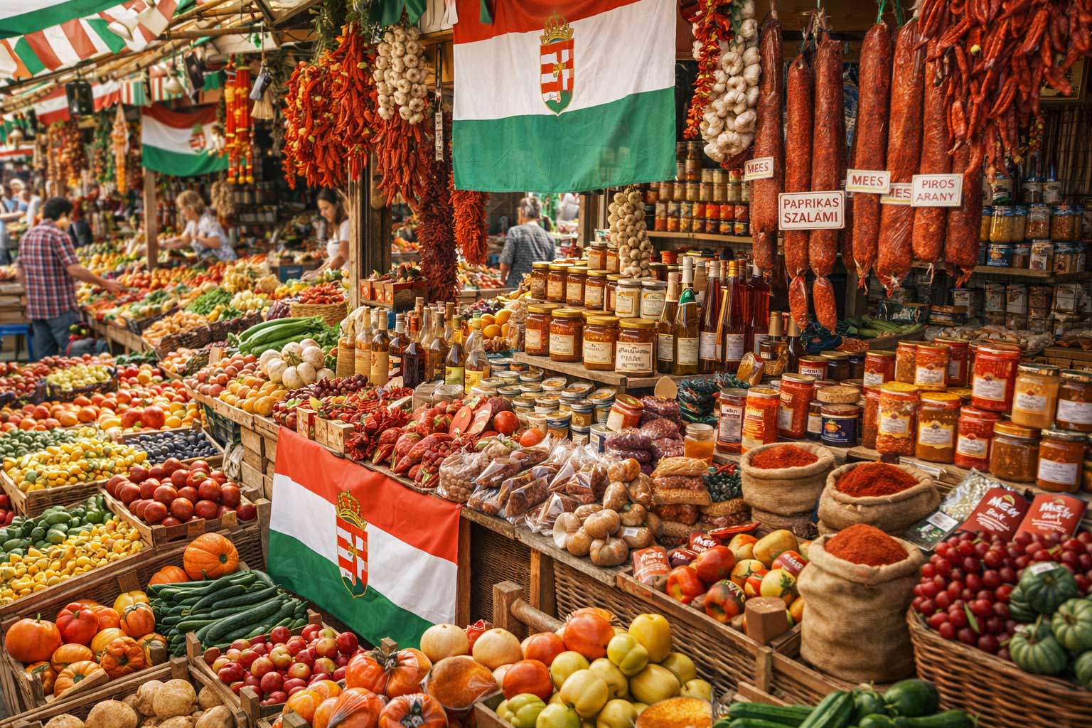 Bunte Marktstände mit Obst, Gemüse und Gewürzen