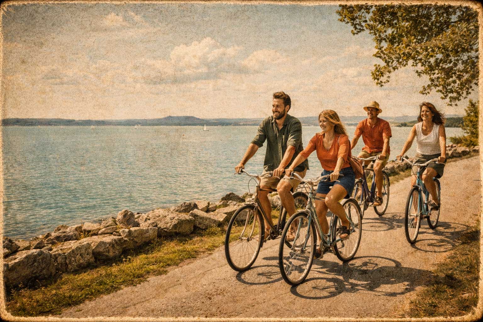 Familie beim Radfahren entlang des Seeufers