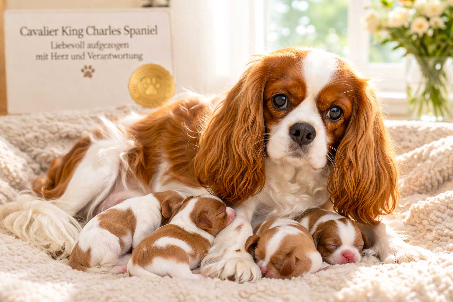 Seriöse Züchterwahl beim Cavalier King Charles Spaniel – Welpe bei verantwortungsvollem Züchter mit Elterntieren