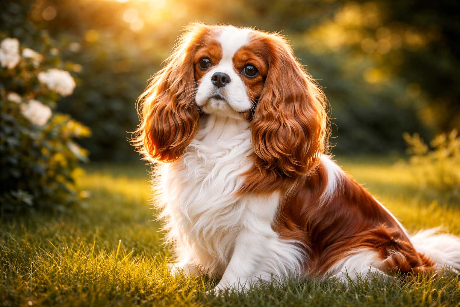 Cavalier King Charles Spaniel im Porträt auf einer Wiese – typische Rasse mit seidigem Fell und ausdrucksstarken Augen