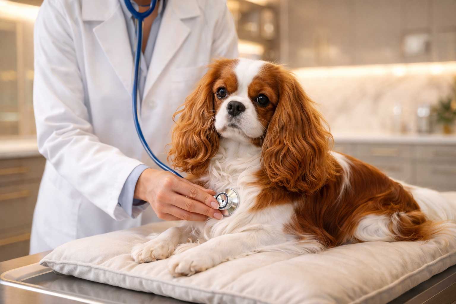 Tierärztliche Untersuchung eines Cavalier King Charles Spaniels – Herzauskultation und Gesundheitskontrolle