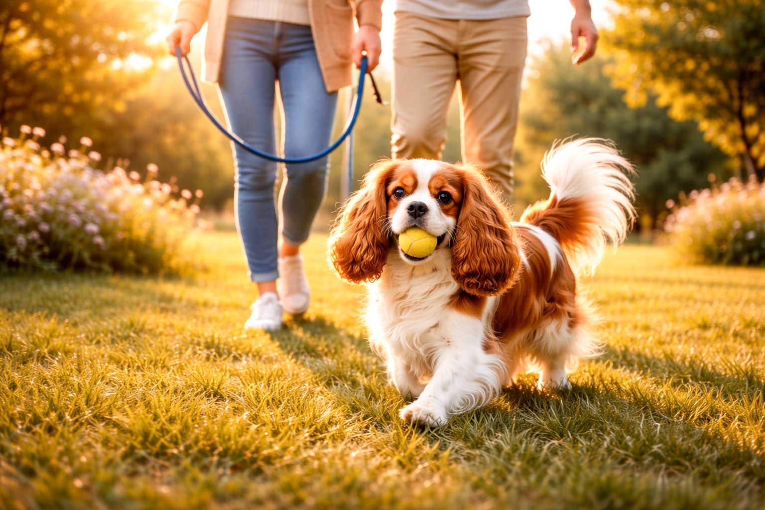 Cavalier King Charles Spaniel im Alltag mit seiner Familie – verspielt auf einer Wiese im gemeinsamen Spaziergang
