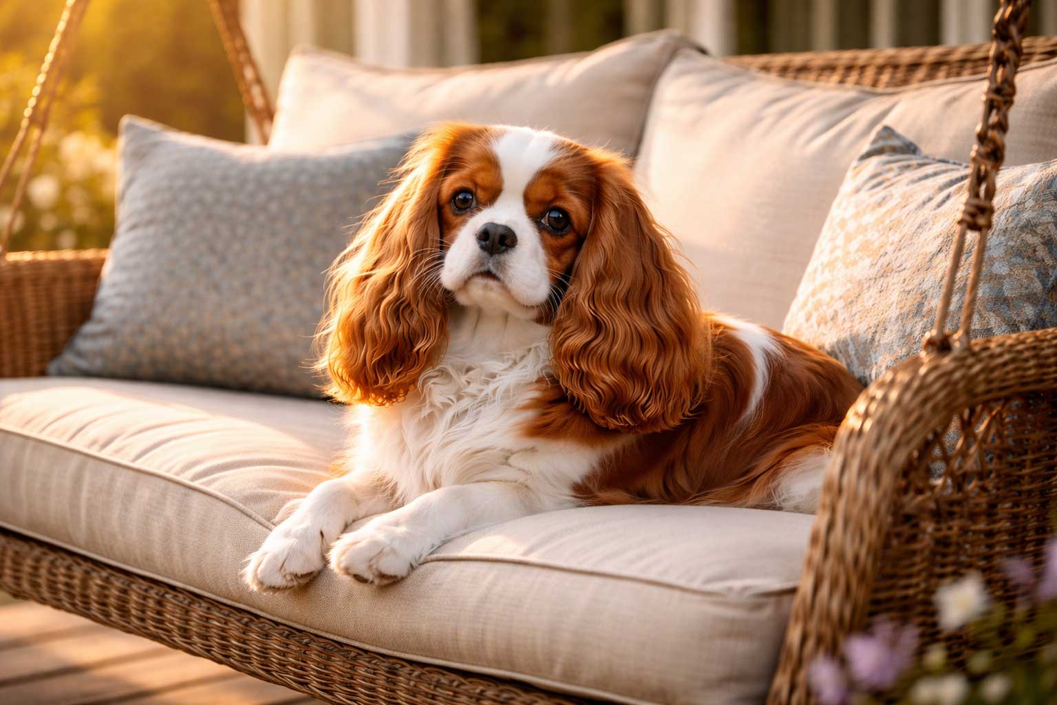 Typischer Cavalier King Charles Spaniel im Rasseportrait – langes seidiges Fell, große dunkle Augen, hängende Ohren