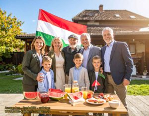 Eine deutsche Familie mit Umzugskartons steht vor einem neu bezogenen Haus in Békéscsaba, Ungarn – Symbol für erfolgreichen Neustart, günstige Immobilienpreise und familienfreundliches Auswandererleben