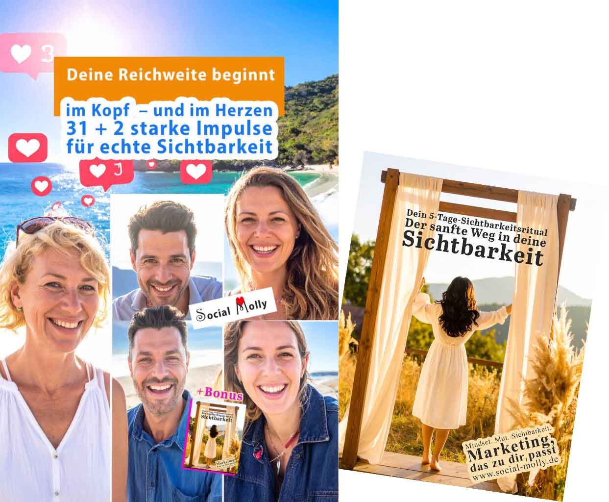 Zwei Bücher von Social Molly nebeneinander auf einem Tisch, umgeben von Licht und Notizen – symbolisieren, wie das richtige Mindset zum Erfolg führt