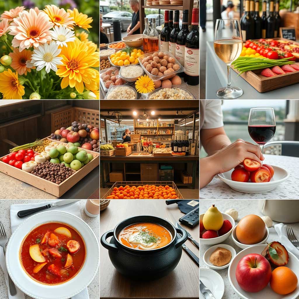 Collage mit neun Bildern aus dem ungarischen Marktleben: frisches Obst und Gemüse, Blumensträuße, regionale Spezialitäten wie Suppen und Wein, Marktstände mit Trockenfrüchten und Nüssen sowie gemütliche Tischszenen – ein visuelles Porträt des genussvollen Lebensstils für Rentner in Ungarn.