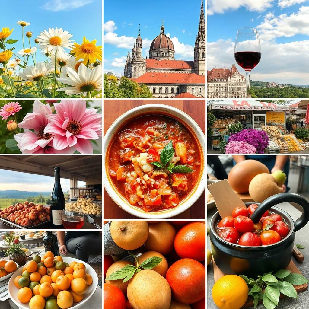 Collage mit neun Bildern aus dem Komitat Győr‑Moson‑Sopron in Ungarn: Naturaufnahmen mit Blumen, regionale Spezialitäten wie Suppe und Gebäck, Wein und Obst, ein Marktstand, sowie kulturelle Highlights wie eine Kathedrale und Ausblicke auf die Stadt – ideal für Rentner, die ihren Ruhestand in Ungarn genießen möchten.
