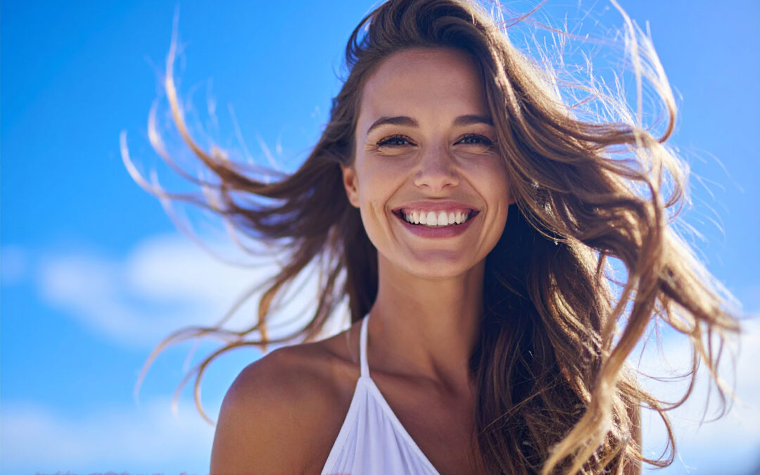 Frau mit langem, wehendem Echthaar lächelt in die Kamera – Premium Echthaar Extensions für natürlichen Look