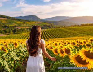 Rückenansicht einer Frau mit langen Haaren in weißem Kleid, die in einem Sonnenblumenfeld in Ungarn steht – Sinnbild für Neuanfang und Lebensfreude