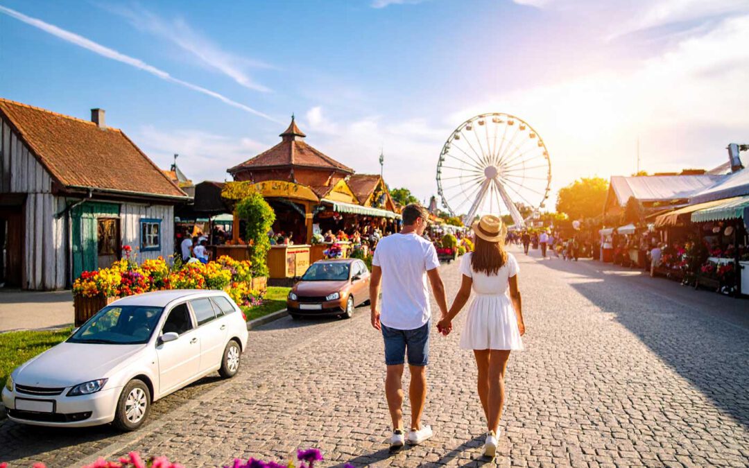 Ein Paar geht Hand in Hand über eine Kopfsteinpflaster-Straße mit Blumen und Marktständen; im Hintergrund ein Riesenrad – Symbolbild, nicht Táplánszentkereszt.