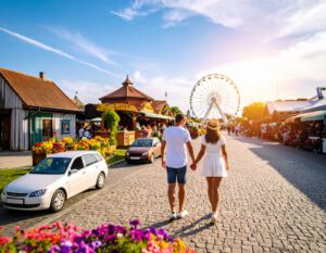 Ein Paar geht Hand in Hand über eine Kopfsteinpflaster-Straße mit Blumen und Marktständen; im Hintergrund ein Riesenrad – Symbolbild, nicht Táplánszentkereszt.