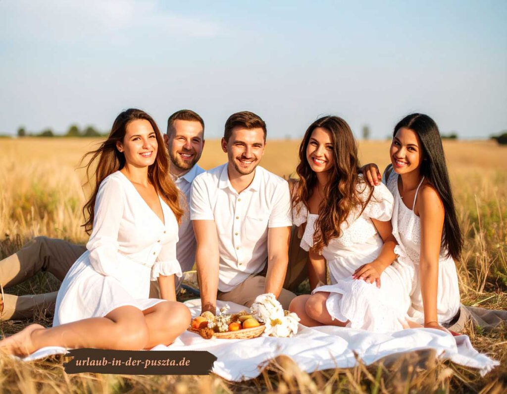 Eine fröhliche Gruppe junger Menschen sitzt lachend bei einem Picknick in der Puszta in Ungarn.