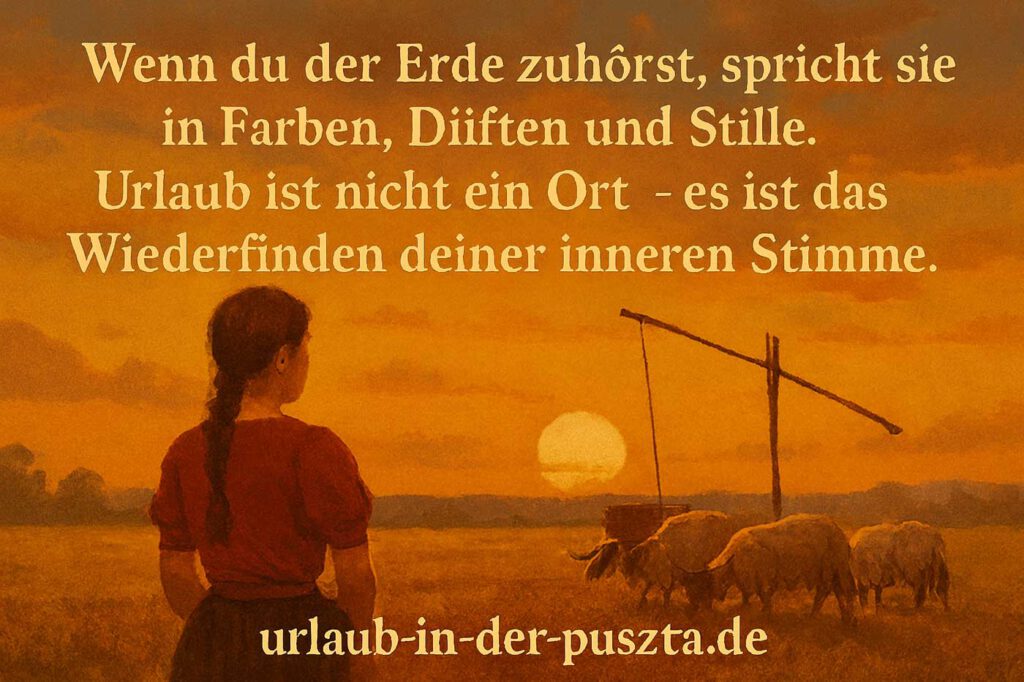 Frau blickt in der ungarischen Puszta dem Sonnenuntergang entgegen, während Pferde auf der Steppe grasen – Symbol für Freiheit und Urlaub für die Seele.