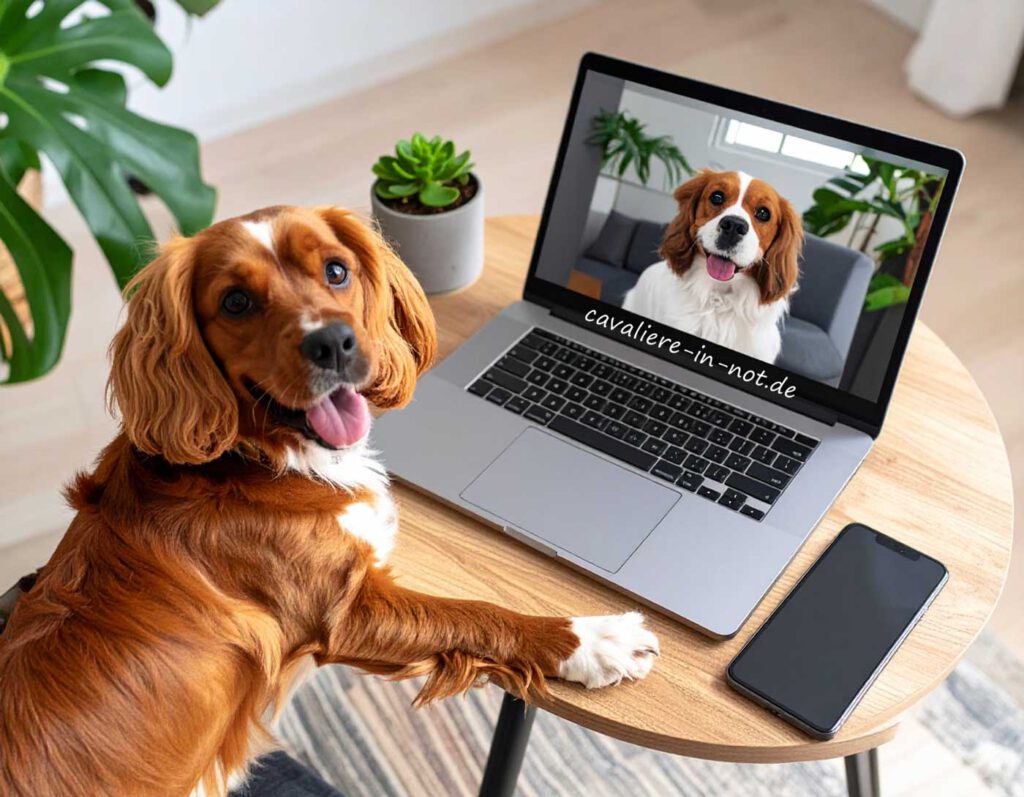 Cavalier King Charles Spaniel sitzt am Holztisch vor einem Laptop; auf dem Bildschirm ist ein weiterer Cavalier zu sehen, mit Schriftzug ‚cavaliere-in-not.de‘ – Symbolbild für den Domainverkauf.