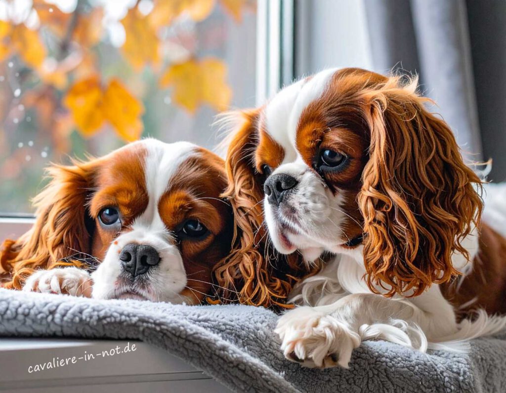 Zwei Cavalier King Charles Spaniels liegen auf einer Decke am Fenster; herbstliche Blätter im Hintergrund – Symbolbild für Cavaliere in Not.