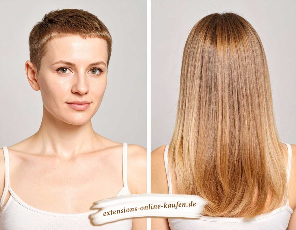 Transformation mit Extensions: kurze Haare im Vergleich zu langem, vollem Echthaar