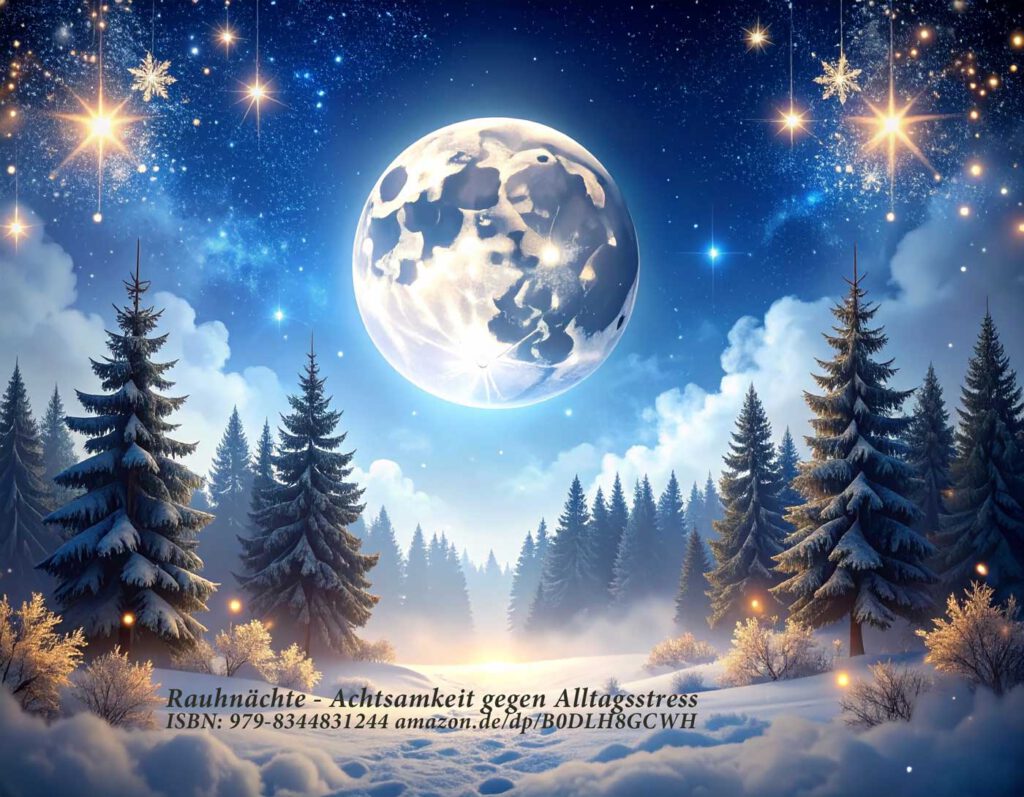 Magisch-romantisches Titelbild mit Vollmond, Nebel, funkelnden Sternen und Waldlandschaft – ideal für spirituelle Rauhnächte-Worksheets.