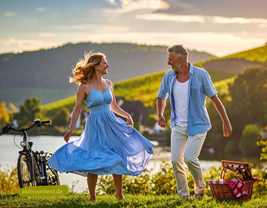 Ein attraktives Paar Mitte 40 tanzt lachend barfuß auf einer Wiese am Seeufer in Baden-Württemberg, einem der schönsten deutschen Bundesländer. Im Hintergrund liegen Weinberge und Fachwerkhäuser im warmen Abendlicht. Neben ihnen stehen E-Bikes und ein Picknickkorb – ein Moment voller Lebensfreude, Natur und sommerlicher Leichtigkeit.