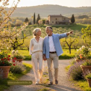 Älteres Paar spaziert Hand in Hand durch einen blühenden Garten nahe Mindszent in Ungarn – ruhiger Neubeginn, Leben in Ungarn, als Rentner auswandern.
