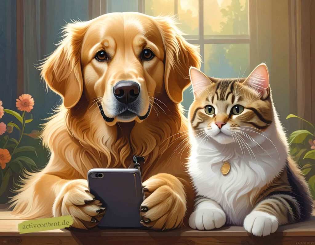 Ein Hund und eine Katze sitzen gemeinsam vor einem Smartphone und symbolisieren die Televeterinärmedizin – die digitale Tierarztberatung per Videoanruf für Haustiere.
