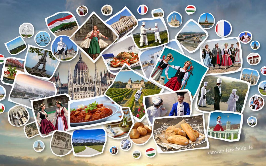 Collage zu Städtepartnerschaften zwischen Ungarn und Frankreich: Budapester Parlament, Eiffelturm, Trachtenpaare, Köche, Gulasch und Baguette – Symbole für kulturellen Austausch.