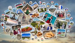 Collage zu Städtepartnerschaften zwischen Ungarn und Frankreich: Budapester Parlament, Eiffelturm, Trachtenpaare, Köche, Gulasch und Baguette – Symbole für kulturellen Austausch.