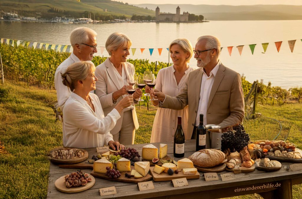 Sechs Menschen 50+ stoßen bei Sonnenuntergang in einem Weinberg am See an; auf dem Holztisch liegen französisches Brot, ungarischer Käse, Trauben und Wein. Bunte Wimpel, See und Burg im Hintergrund – Symbol für lebendige Städtepartnerschaften zwischen Ungarn und Frankreich.
