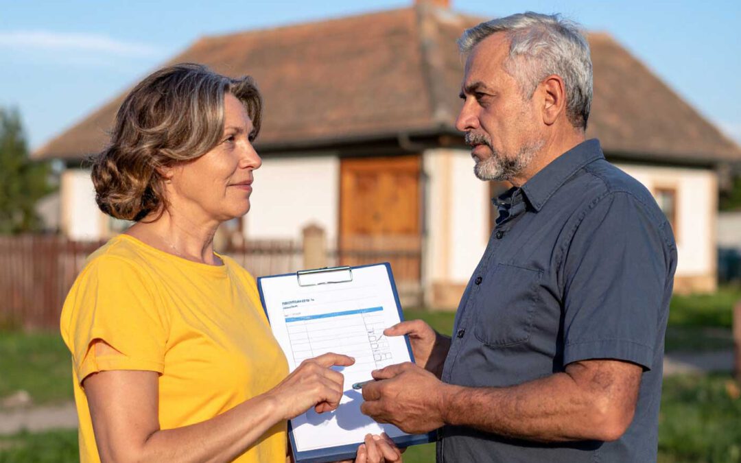 Paar bespricht Besichtigungs-Checkliste vor einem Haus beim Haus kaufen in Ungarn und prüft wichtige Punkte der Immobilie
