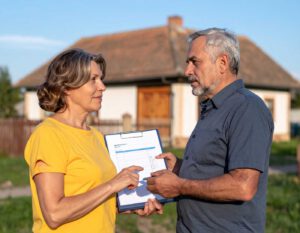 Paar bespricht Besichtigungs-Checkliste vor einem Haus beim Haus kaufen in Ungarn und prüft wichtige Punkte der Immobilie