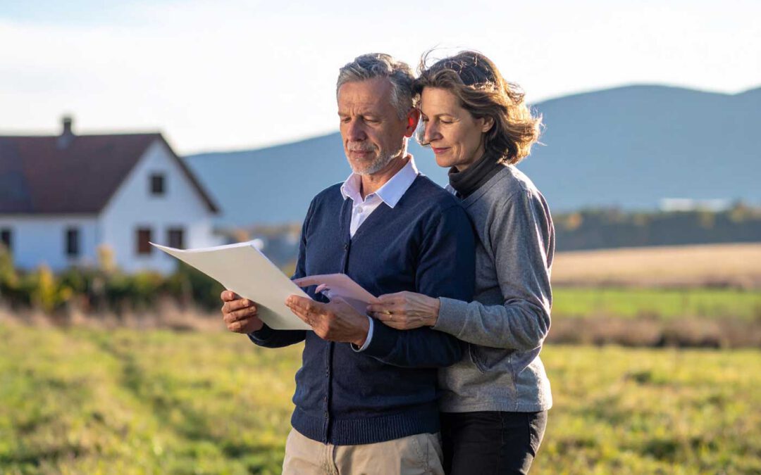 Paar prüft Papierunterlagen zur Budgetplanung beim Haus kaufen in Ungarn im Freien