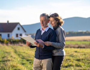 Paar prüft Papierunterlagen zur Budgetplanung beim Haus kaufen in Ungarn im Freien