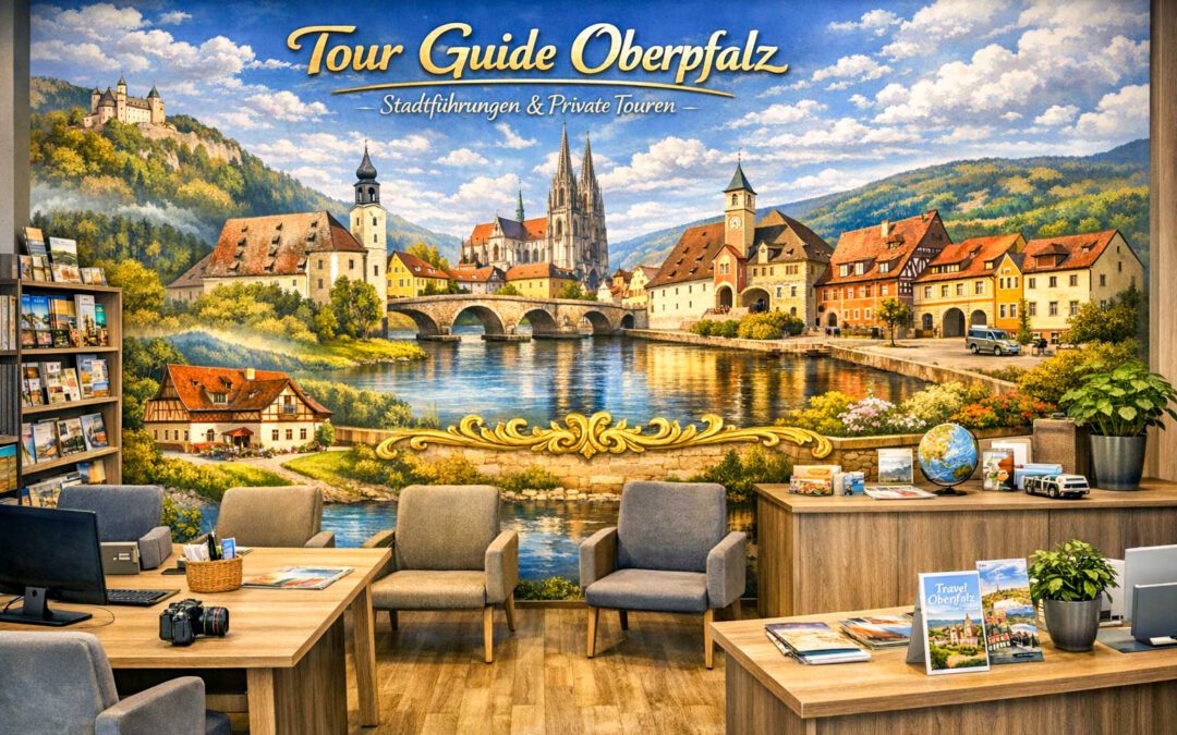 Oberpfalz Tourguide Modernes Reisebüro mit großem Wandbild der Oberpfalz, historischen Städten, Flusslandschaft und dem Schriftzug „Tour Guide Oberpfalz – Stadtführungen & Private Touren