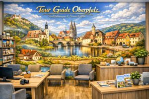 Oberpfalz Tourguide Modernes Reisebüro mit großem Wandbild der Oberpfalz, historischen Städten, Flusslandschaft und dem Schriftzug „Tour Guide Oberpfalz – Stadtführungen & Private Touren