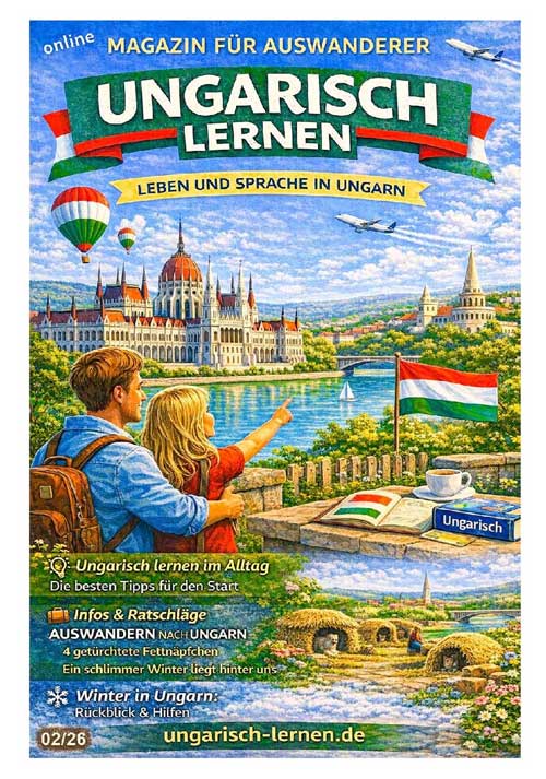 Magazin Ungarisch lernen mit Budapest Parlament, Donau, ungarischer Flagge und Paar mit Blick auf Ungarn als Symbol für Leben und Sprache in Ungarn