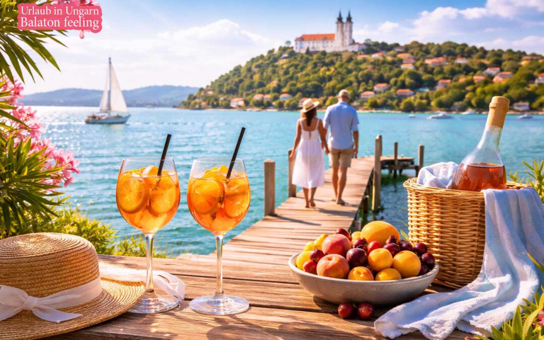 Urlaub in Ungarn am Balaton mit Paar auf Steg, Aperol Spritz, blauem Himmel und sommerlicher Stimmung am See