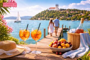 Urlaub in Ungarn am Balaton mit Paar auf Steg, Aperol Spritz, blauem Himmel und sommerlicher Stimmung am See